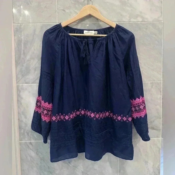 Vineyard Vines Tops - Vineyard Vines Navy Blue with Pink Detail Cotton Silk Blend Blouse, Size Medium